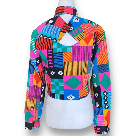 Vintage Roughrider Shirt Geometric Western Crop Top Bold Multicolor Patchwork XS - Picture 6 of 11
